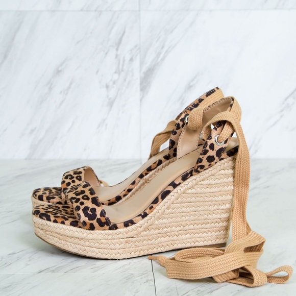 SZ 10 Cheetah Ankle Wrap Espadrille Wedge Sandals - Picture 5 of 8